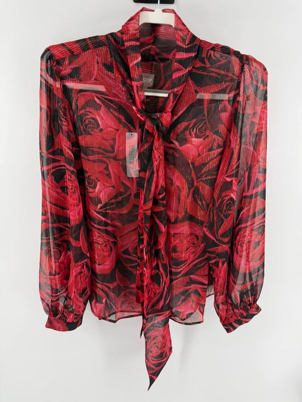 NWT Chico's Rich Rose Jester Red Black Sheer Tie Neck Blouse Metallic Shimmer 2
